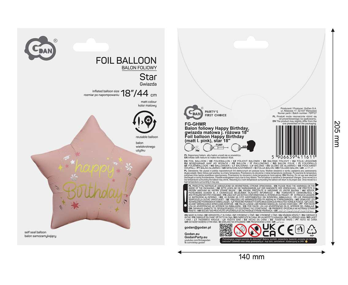 Foil balloon Happy Birthday (matt l. pink), star 18" EOL